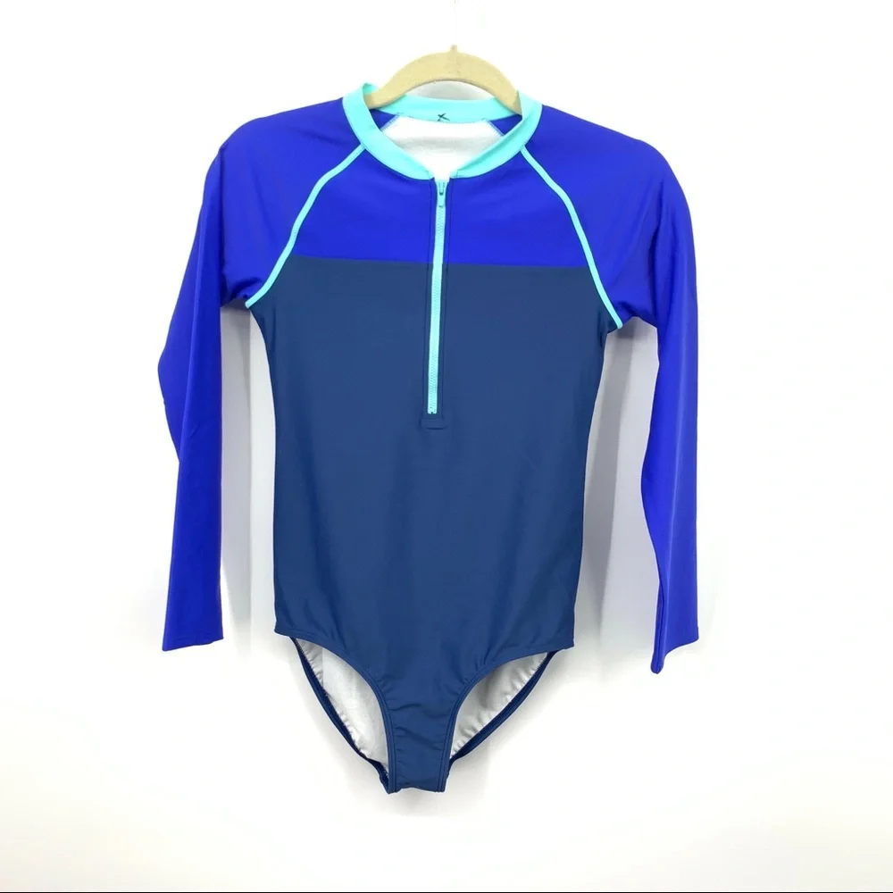 LL Bean Kids Girls Size 14 Bathing Suit One Piece Long Sleeve Swim Blue 1/4 Zip